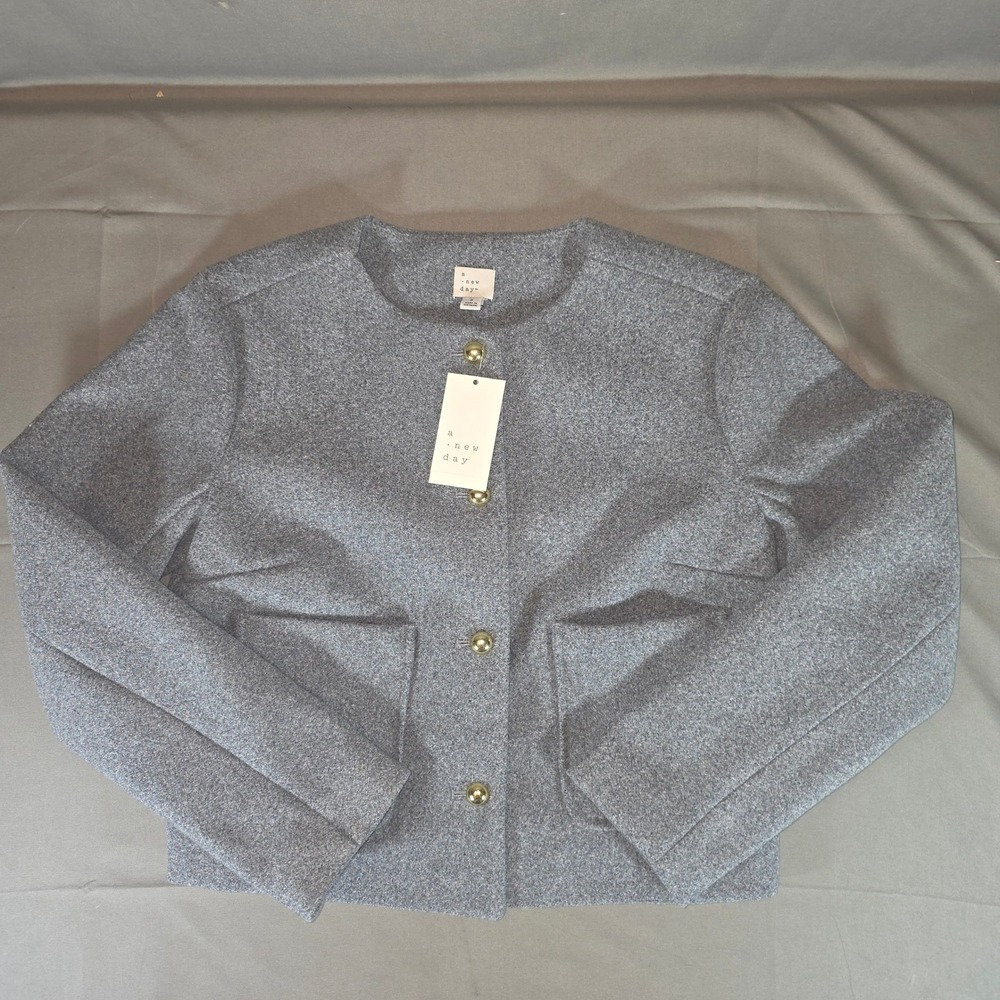 A New Day Womens Gray Cropped Button Front Jacket Gold Buttons Size S NWT